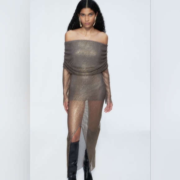 BNWT H&M Studio 2023 Rhinestone-Embellished Off-the-Shoulder Net Dress XS, L, XL - Picture 2 of 7